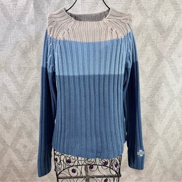 Betty Rides Knitwear wool blend blue chunky knit colorblock sweater size L - Picture 1 of 7